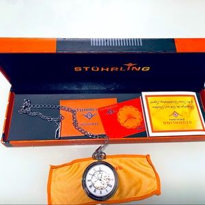 NWT Stuhrling Original Mens Vintage Mechanical Pocket Stainless Steel Wa…